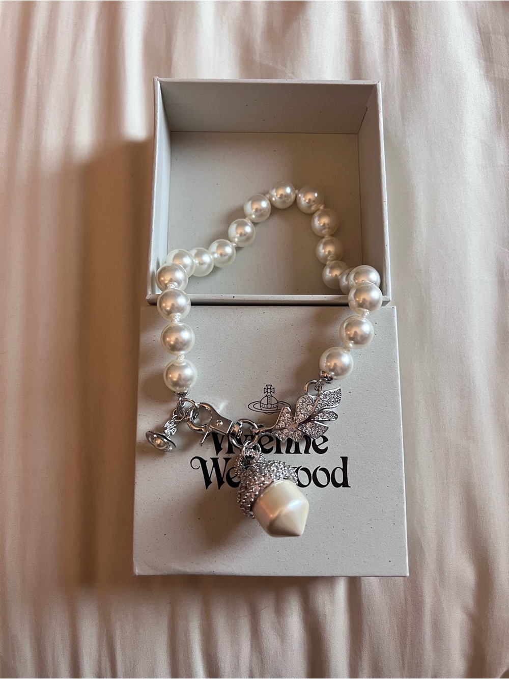 Vivienne Westwood White Pearl Lucille Acorn Crystal Large Necklace
